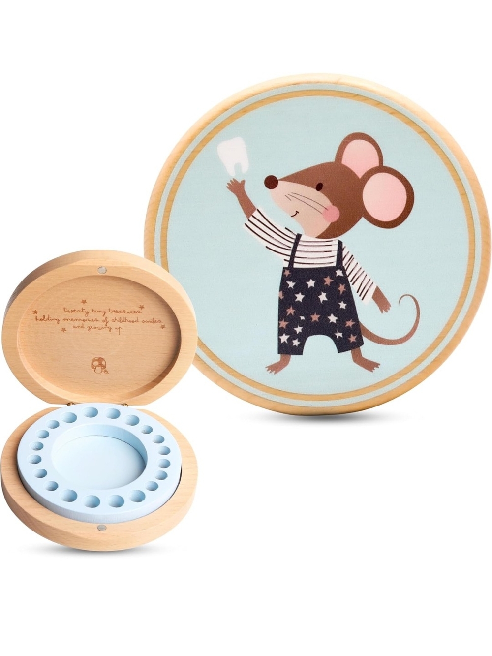 Wooden Tooth Keepsake Box for Kids - Light Blue Mouse Motif
